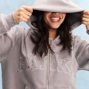 PARKE Monochrome Varsity Zip Up Hoodie in Stone